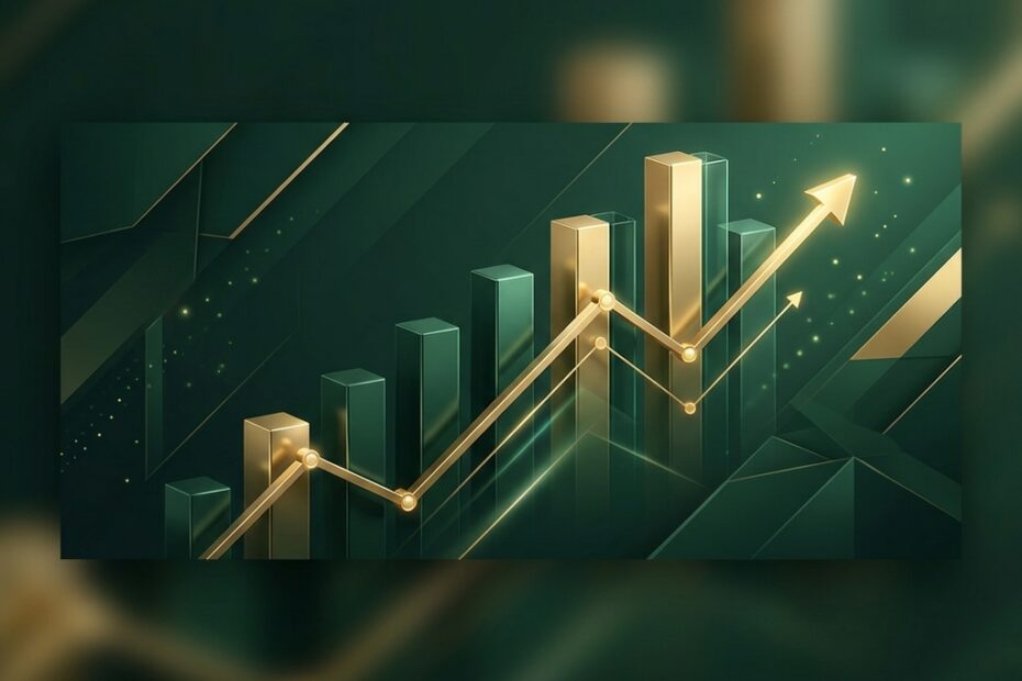 Gráfico de rentabilidade corporativa tridimensional com linhas ascendentes douradas sobre um fundo verde-escuro, representando o indicador ROE (Return on Equity)