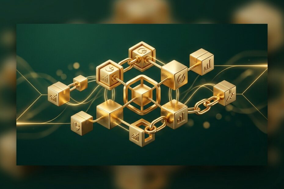 Ilustração conceitual tridimensional contendo caixas ou pacotes dourados interligados sobre fundo verde-escuro, representando o agrupamento de múltiplos ativos na forma de ações Unit