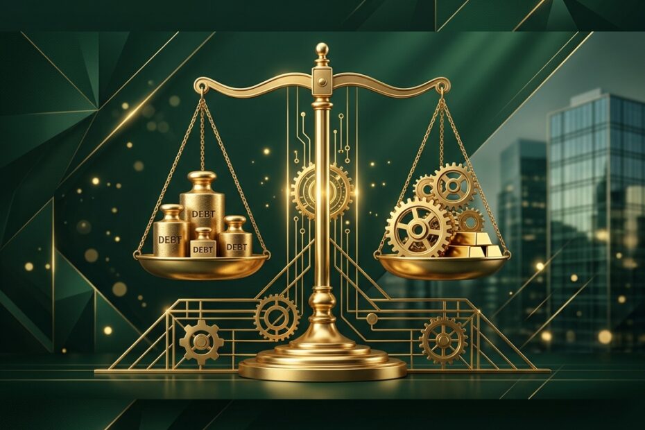 Gráfico tridimensional mostrando um peso dourado e uma mola tensionada contendo gráficos financeiros sobre fundo verde-escuro, simbolizando a alavancagem e o endividamento corporativo (Dívida Líquida / EBITDA)