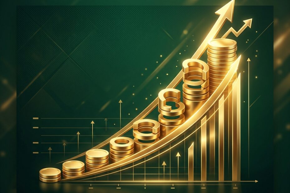 Gráfico tridimensional com barras douradas ascendentes e uma moeda de ouro com o símbolo do cifrão dividida em fatias sobre fundo verde-escuro, simbolizando a distribuição do lucro por ação (LPA)