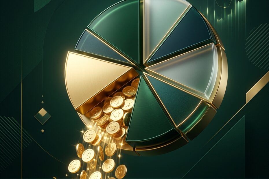 Gráfico em pizza tridimensional dourado com uma fatia destacada saindo em direção a moedas de ouro brilhantes sobre fundo verde-escuro, simbolizando o percentual de payout de uma empresa