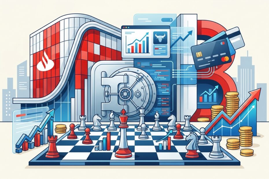 Ilustração vetorial em estilo xadrez e finanças representando o Banco Santander SANB3