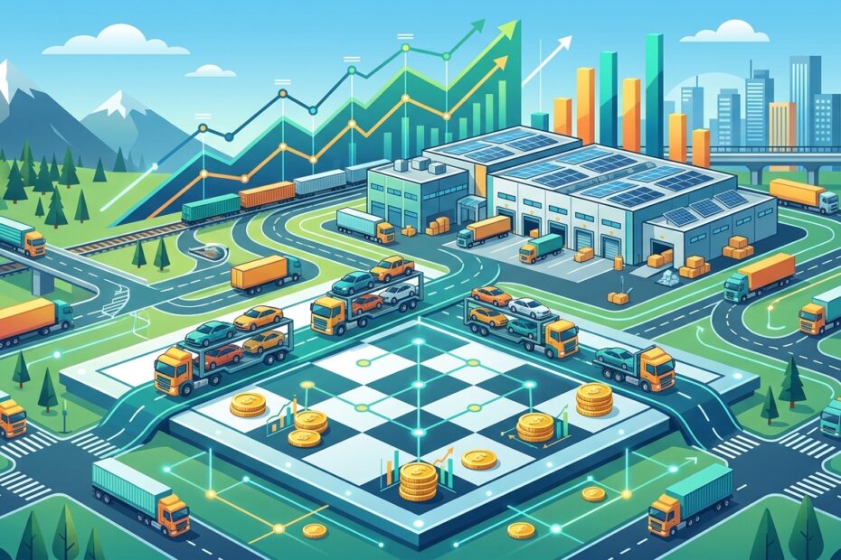 Ilustração vetorial em estilo xadrez e finanças representando a Tegma Gestão Logística TGMA3