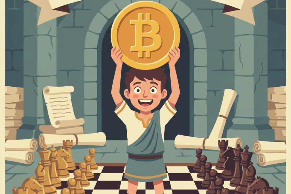 menino levantando bitcoin para o alto