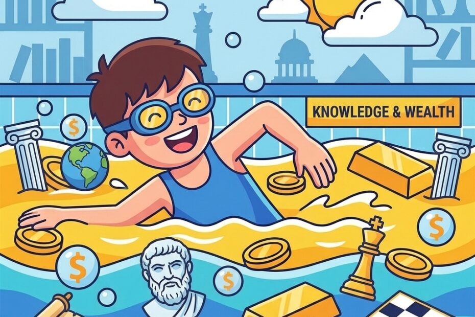 crianca nadando em uma piscina de ouro