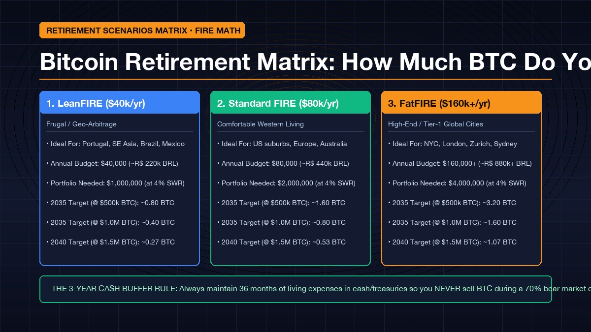 Infographic illustrating Bitcoin retirement scenarios across LeanFIRE, Standard FIRE, and FatFIRE for 2035 and 2040 timelines