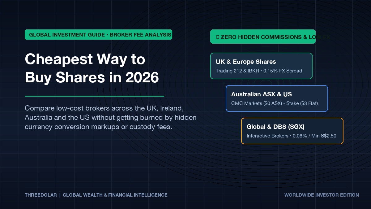 Editorial comparison guide showing the cheapest way to buy shares in the UK, Australia, Ireland and the US with zero commission and low FX fees