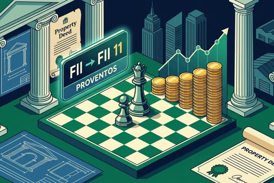 Ilustração vetorial em 2D retratando a subscrição de fundos imobiliários com promoção de peão no xadrez, colunas clássicas, escritura de imóveis e código com final 12