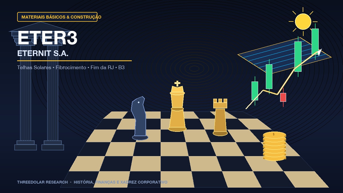 Ilustração vetorial em desenho combinando história, finanças e xadrez da Eternit ETER3, com telhado moderno de telhas solares fotovoltaicas, colunas clássicas gregas, moedas de ouro e peças de xadrez sobre tabuleiro na B3