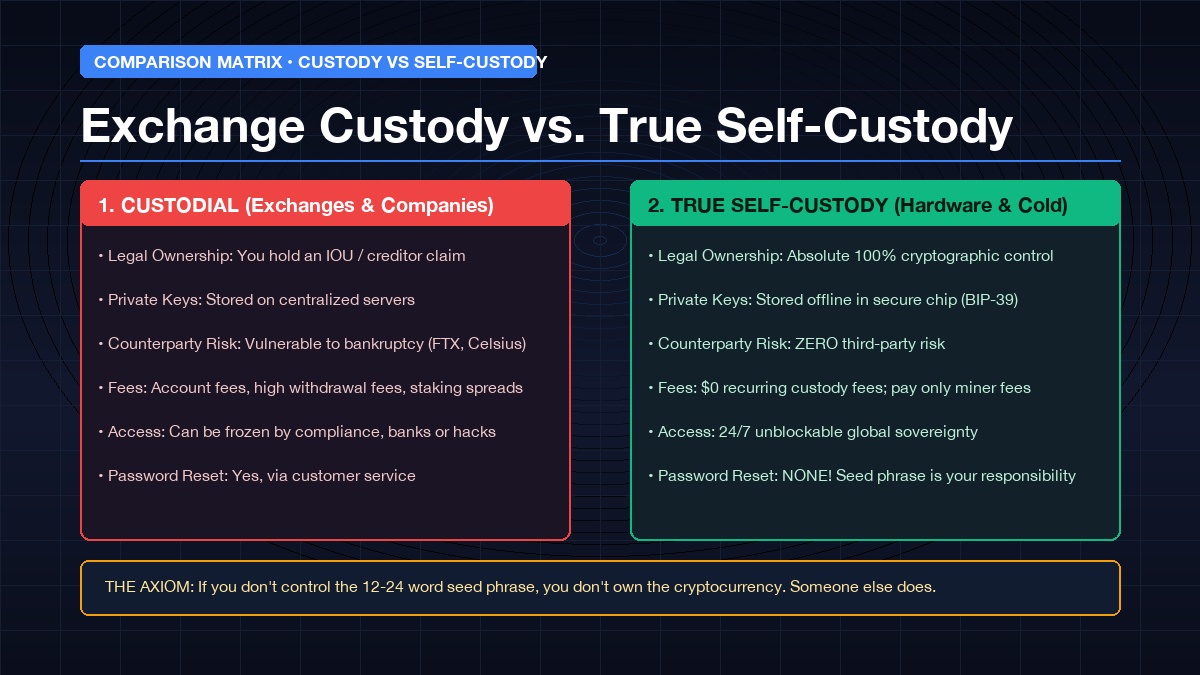Infographic comparing exchange custody vs true self-custody with hardware wallets and seed phrase backups