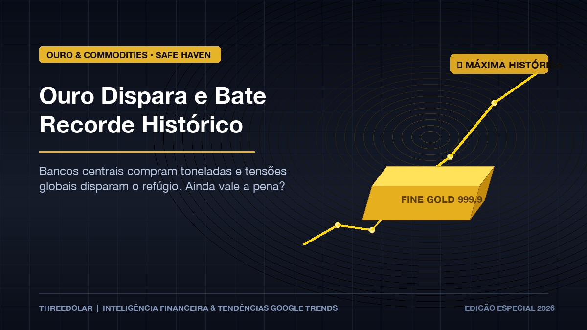 Capa editorial em alta resolução ilustrando lingote de ouro fino 999.9 com gráficos de cotação em máxima histórica e bússola de proteção patrimonial