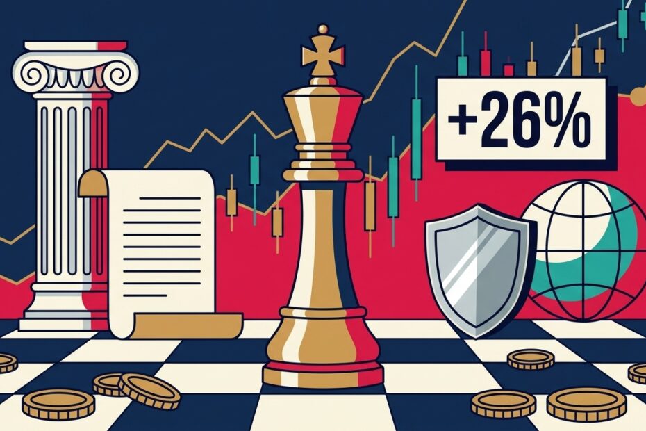 Ilustração vetorial em 2D retratando o xadrez financeiro do risco-país com rei em xeque, coluna grega clássica, pergaminho histórico e indicador de alta do CDS