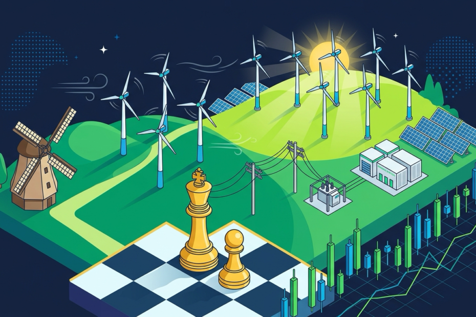 Ilustração vetorial de parque de energia eólica, xadrez e gráficos de finanças de Renova Energia RNEW3