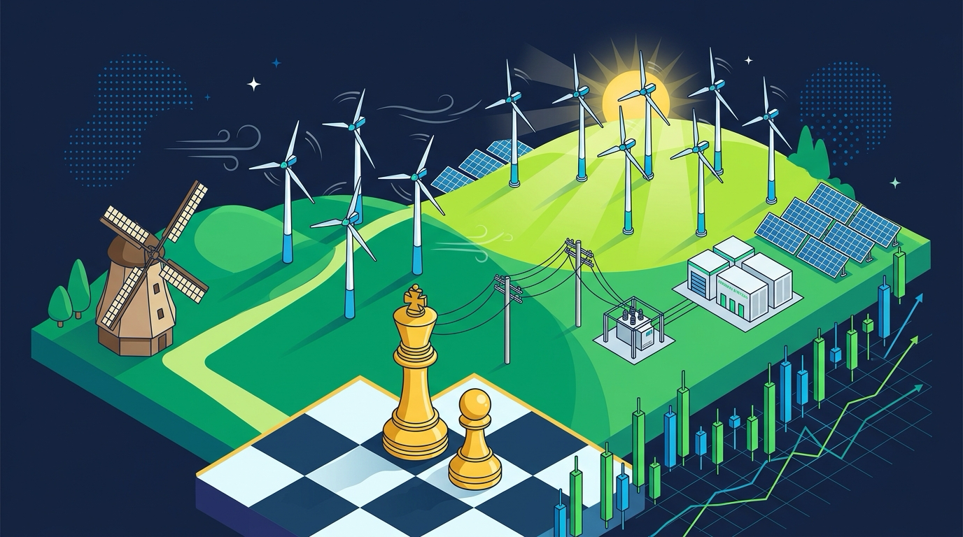 Ilustração vetorial de parque de energia eólica, xadrez e gráficos de finanças de Renova Energia RNEW3