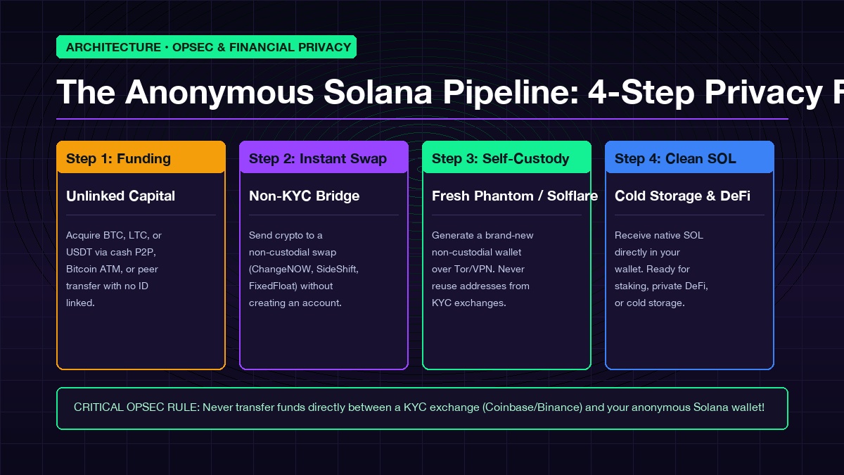 Infographic detailing the 4-step privacy pipeline to buy Solana anonymously without KYC or ID