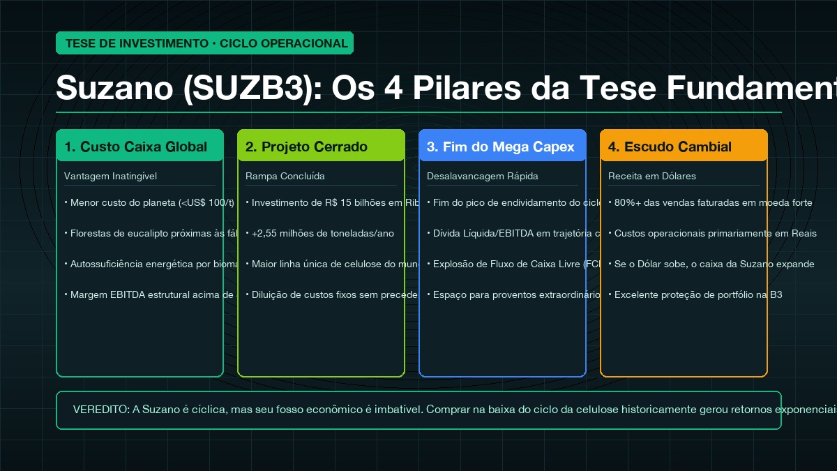Infográfico ilustrando os 4 pilares fundamentalistas da Suzano SUZB3 na B3