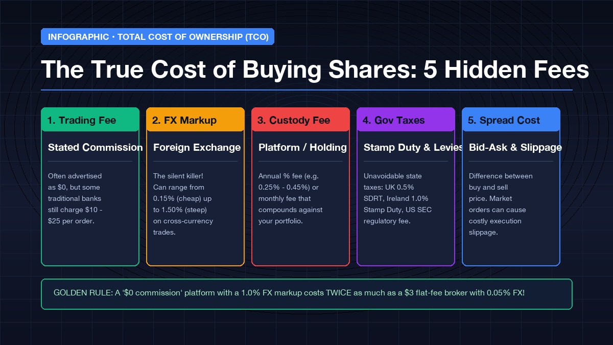 Infographic detailing the 5 hidden fees when buying shares: trading commission, foreign exchange FX markup, custody fees, stamp duty taxes, and bid-ask spread